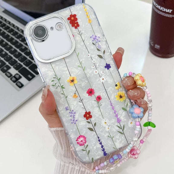 For iPhone 16e Electroplating Flower Texture Wristband TPU Phone Case(Yellow Wildflower SH6)