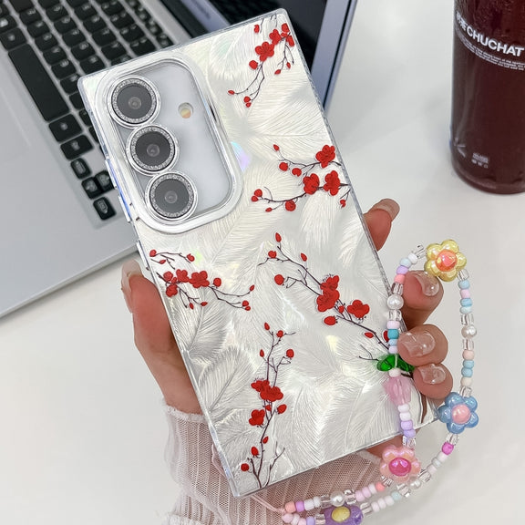 For Samsung Galaxy S25+ 5G Electroplating Flower Texture Wristband TPU Phone Case(Red Plum Blossom SH2)
