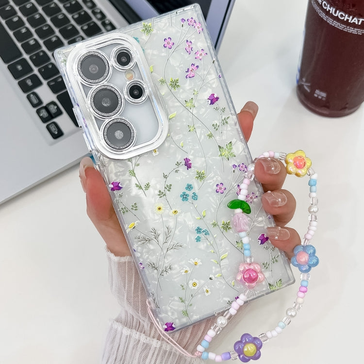 For Samsung Galaxy S25 Ultra 5G Electroplating Flower Texture Wristband TPU Phone Case(Wild Chrysanthemum SH5)