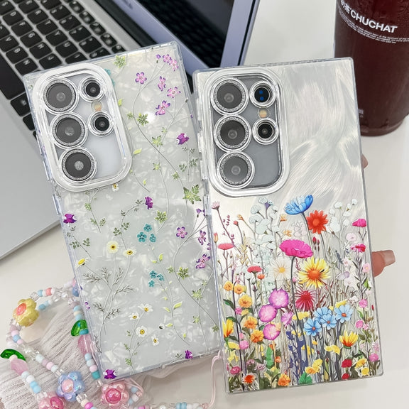 For Samsung Galaxy S25+ 5G Electroplating Flower Texture Wristband TPU Phone Case(Flowers SH4)