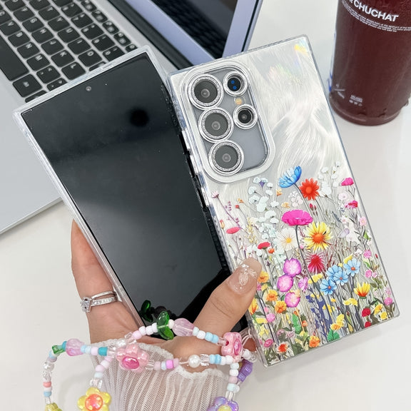 For Samsung Galaxy S25 5G Electroplating Flower Texture Wristband TPU Phone Case(Flowers SH4)