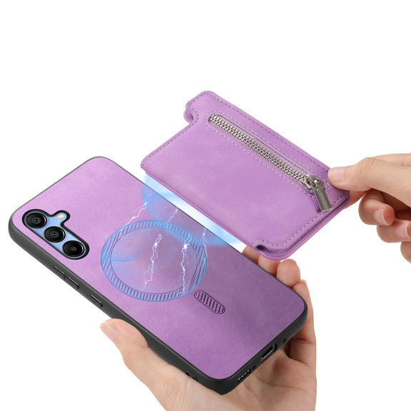 For Samsung Galaxy S25 5G Retro MagSafe Zipper Wallet Card Bag Back Phone Case(Purple)