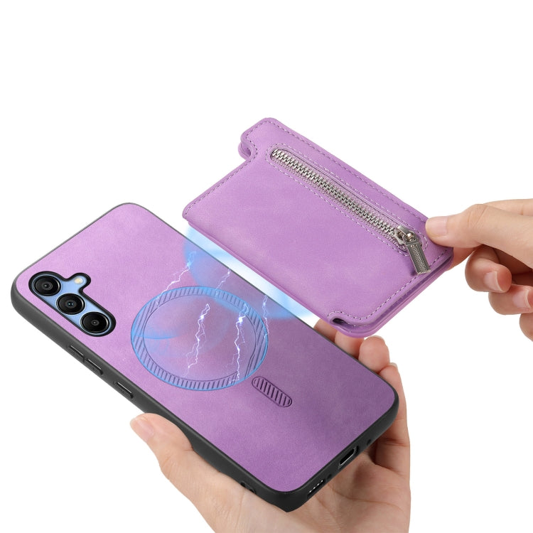 For Samsung Galaxy S25 5G Retro MagSafe Zipper Wallet Card Bag Back Phone Case(Purple)
