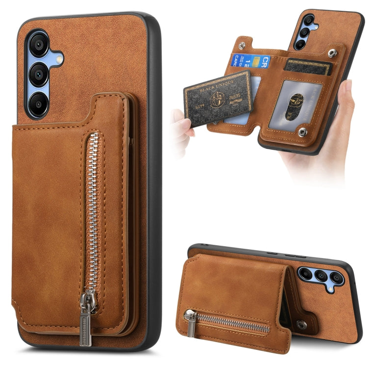 For Samsung Galaxy S25 5G Retro MagSafe Zipper Wallet Card Bag Back Phone Case(Brown)