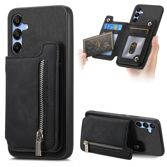 For Samsung Galaxy S25 5G Retro MagSafe Zipper Wallet Card Bag Back Phone Case(Black)