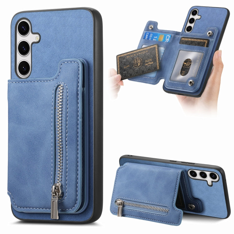 For Samsung Galaxy S25+ 5G Retro MagSafe Zipper Wallet Card Bag Back Phone Case(Blue)