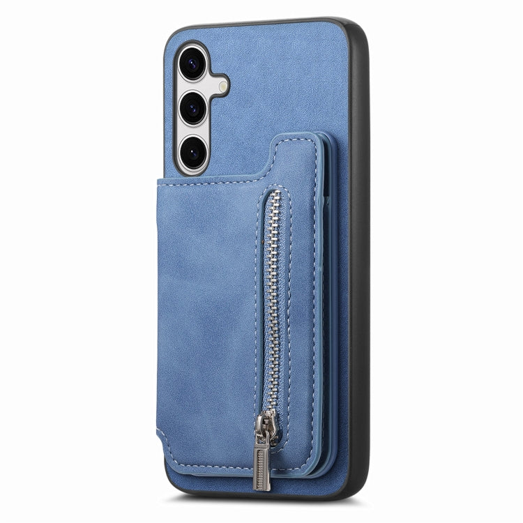 For Samsung Galaxy S25+ 5G Retro MagSafe Zipper Wallet Card Bag Back Phone Case(Blue)