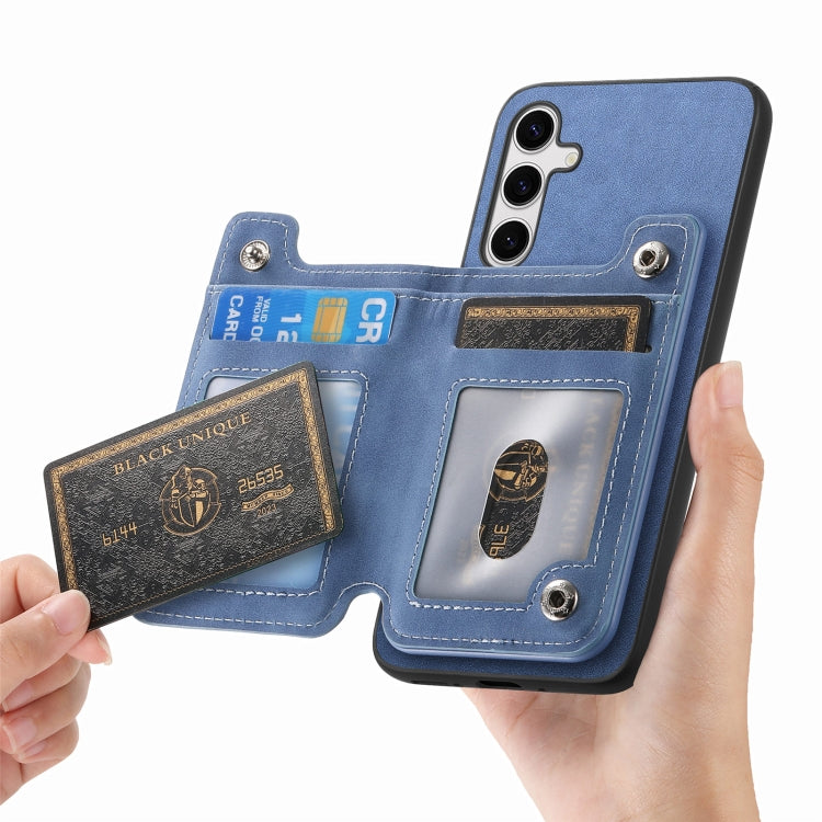 For Samsung Galaxy S25+ 5G Retro MagSafe Zipper Wallet Card Bag Back Phone Case(Blue)
