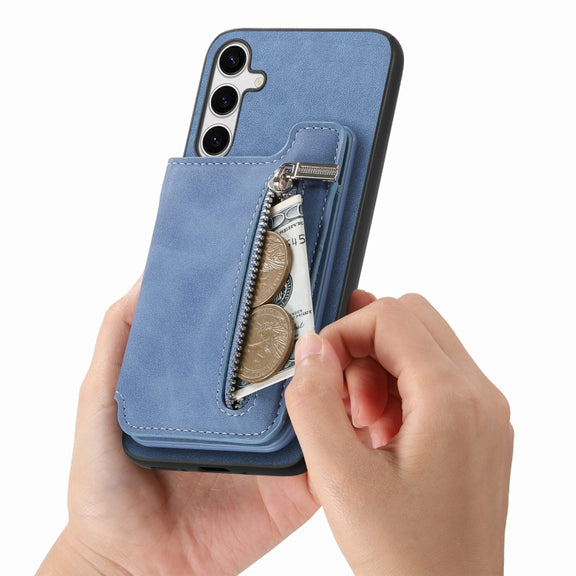 For Samsung Galaxy S25+ 5G Retro MagSafe Zipper Wallet Card Bag Back Phone Case(Blue)