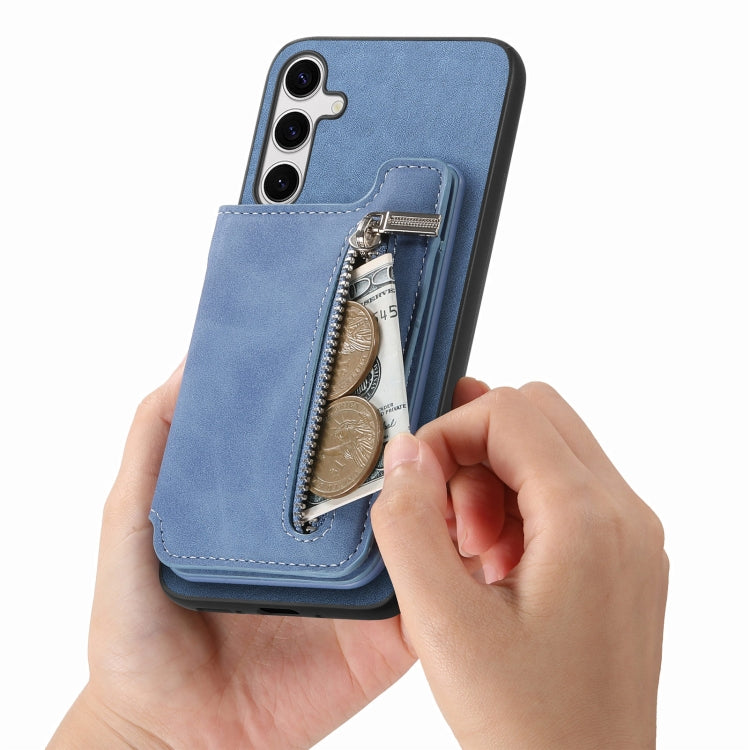 For Samsung Galaxy S25+ 5G Retro MagSafe Zipper Wallet Card Bag Back Phone Case(Blue)