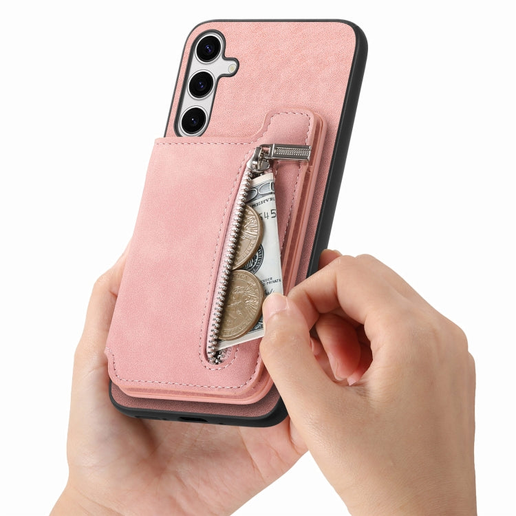 For Samsung Galaxy S25+ 5G Retro MagSafe Zipper Wallet Card Bag Back Phone Case(Pink)
