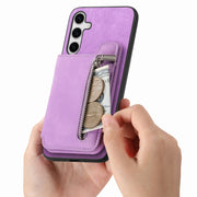 For Samsung Galaxy S25+ 5G Retro MagSafe Zipper Wallet Card Bag Back Phone Case(Purple)