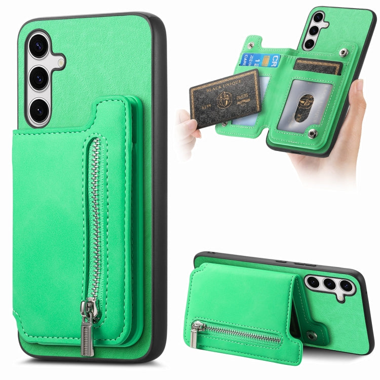 For Samsung Galaxy S25+ 5G Retro MagSafe Zipper Wallet Card Bag Back Phone Case(Green)