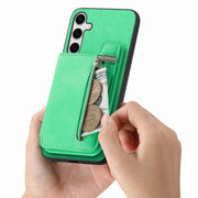 For Samsung Galaxy S25+ 5G Retro MagSafe Zipper Wallet Card Bag Back Phone Case(Green)