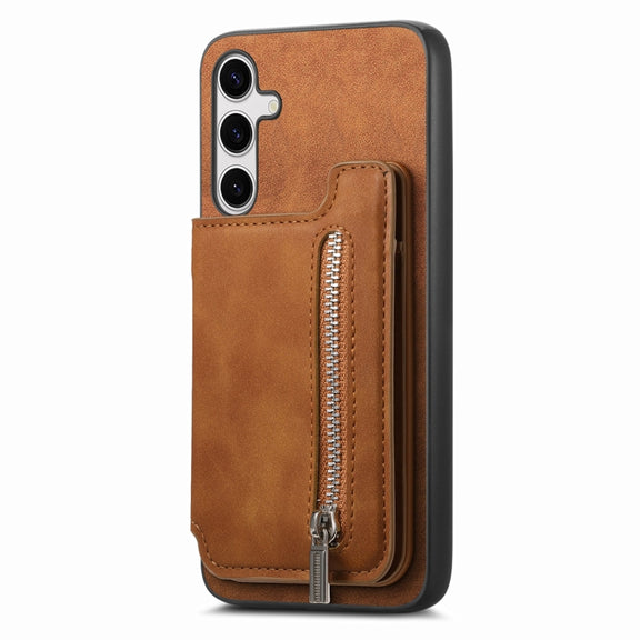 For Samsung Galaxy S25+ 5G Retro MagSafe Zipper Wallet Card Bag Back Phone Case(Brown)