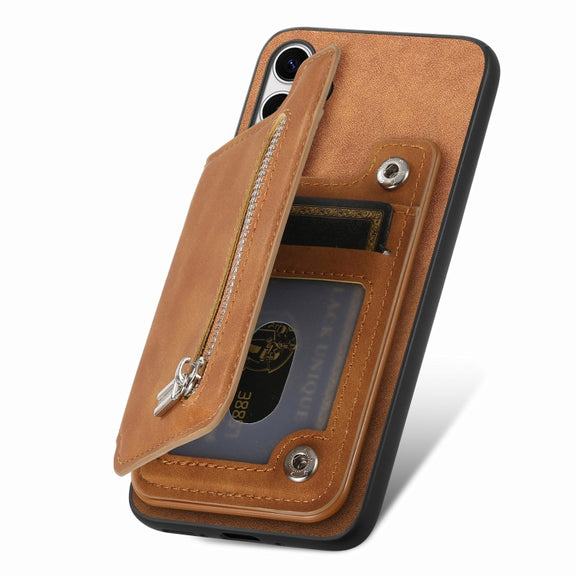 For Samsung Galaxy S25+ 5G Retro MagSafe Zipper Wallet Card Bag Back Phone Case(Brown)