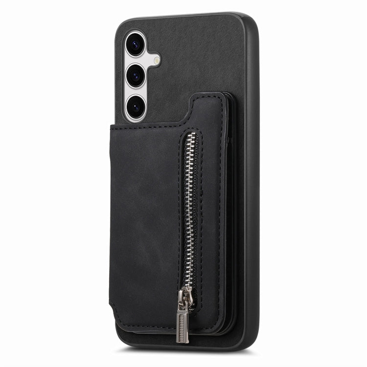 For Samsung Galaxy S25+ 5G Retro MagSafe Zipper Wallet Card Bag Back Phone Case(Black)