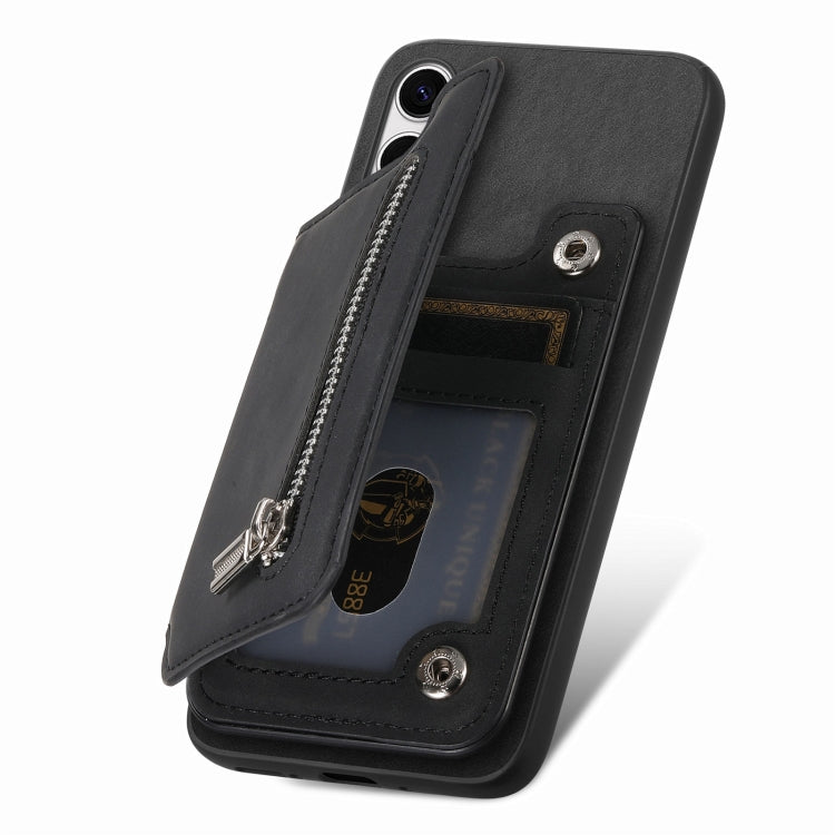 For Samsung Galaxy S25+ 5G Retro MagSafe Zipper Wallet Card Bag Back Phone Case(Black)