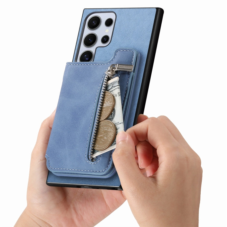 For Samsung Galaxy S25 Ultra 5G Retro MagSafe Zipper Wallet Card Bag Back Phone Case(Blue)