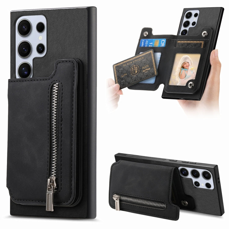 For Samsung Galaxy S25 Ultra 5G Retro MagSafe Zipper Wallet Card Bag Back Phone Case(Black)
