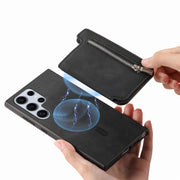 For Samsung Galaxy S25 Ultra 5G Retro MagSafe Zipper Wallet Card Bag Back Phone Case(Black)