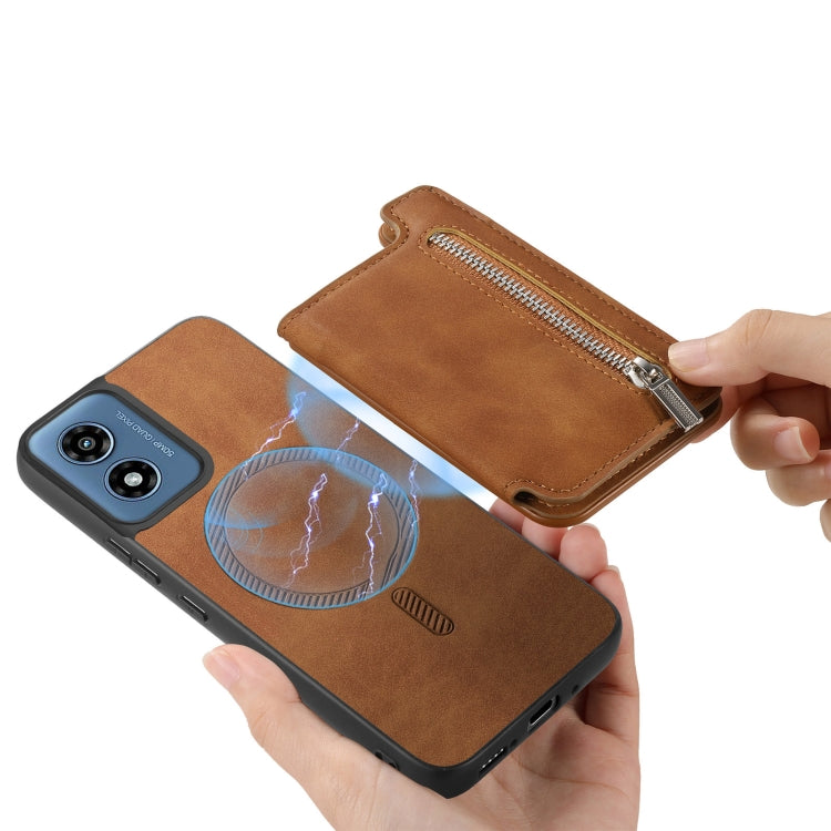 For Motorola Moto G 5G 2024 Retro MagSafe Zipper Wallet Card Bag Back Phone Case(Brown)