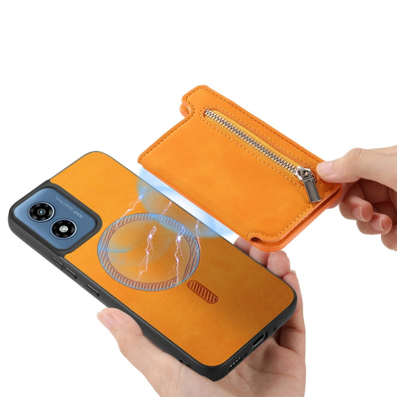 For Motorola Moto G35 Retro MagSafe Zipper Wallet Card Bag Back Phone Case(Yellow)