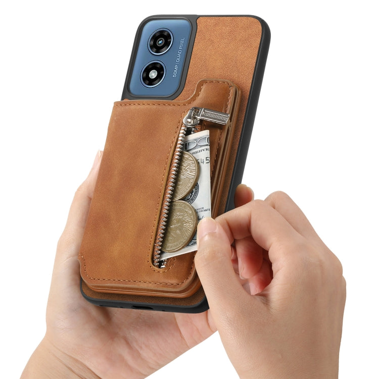 For Motorola Moto G35 Retro MagSafe Zipper Wallet Card Bag Back Phone Case(Brown)