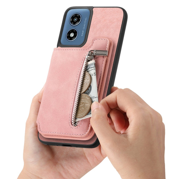 For Motorola Moto G55 Retro MagSafe Zipper Wallet Card Bag Back Phone Case(Pink)
