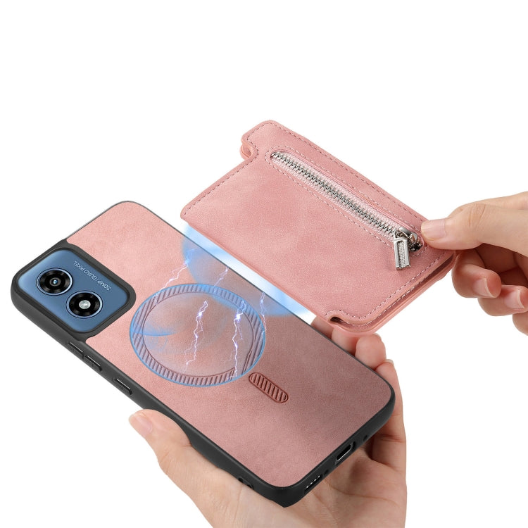 For Motorola Moto G55 Retro MagSafe Zipper Wallet Card Bag Back Phone Case(Pink)