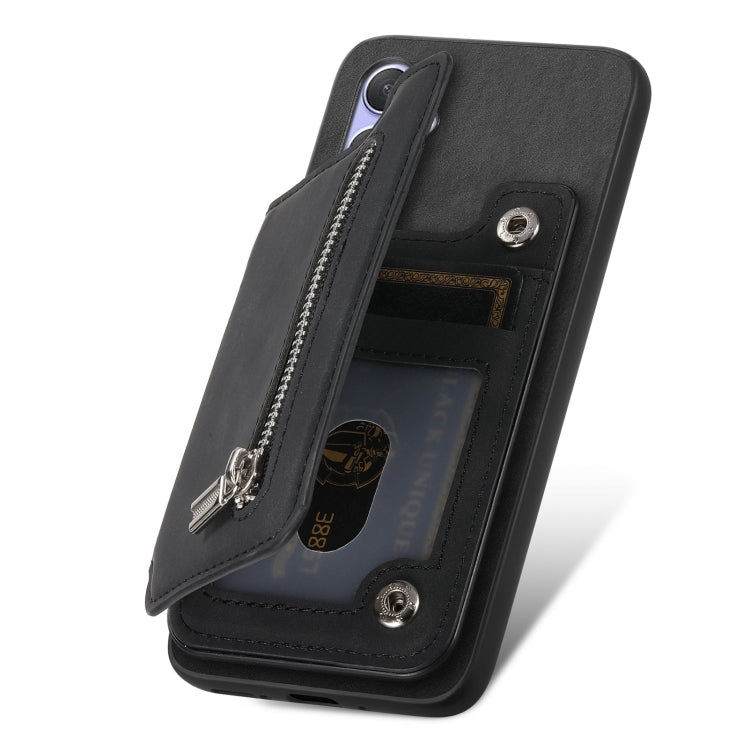 For Motorola Moto G55 Retro MagSafe Zipper Wallet Card Bag Back Phone Case(Black)