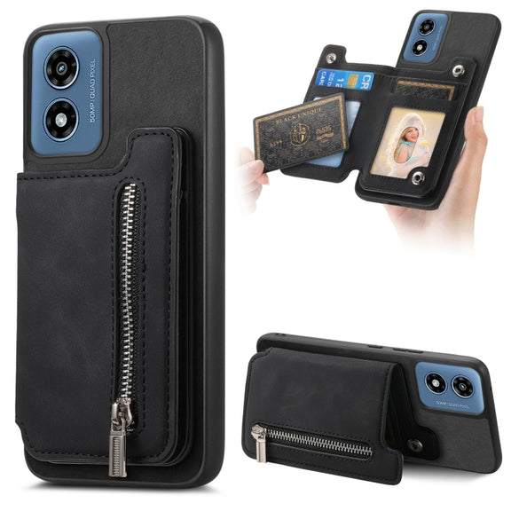 For Motorola Moto G55 Retro MagSafe Zipper Wallet Card Bag Back Phone Case(Black)