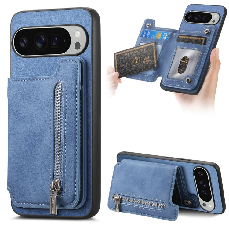 For Google Pixel 9 Pro XL Retro MagSafe Zipper Wallet Card Bag Back Phone Case(Blue)