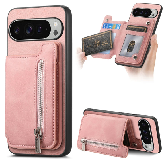 For Google Pixel 9 Pro XL Retro MagSafe Zipper Wallet Card Bag Back Phone Case(Pink)