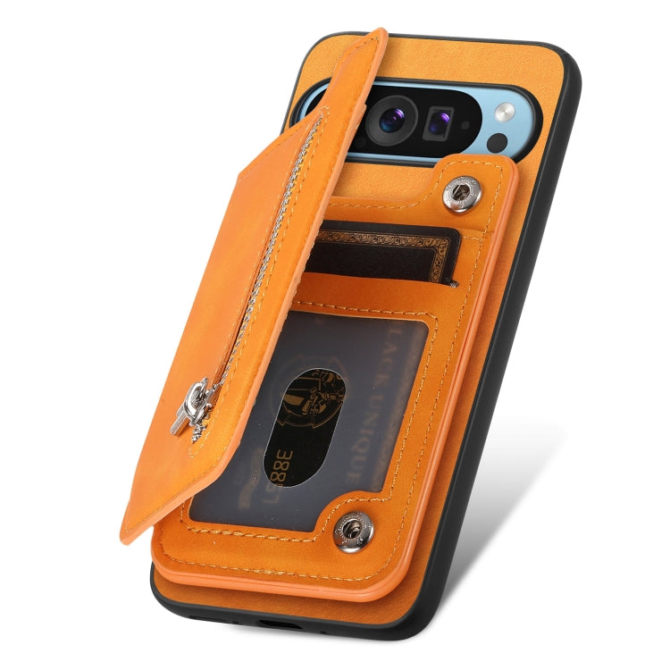 For Google Pixel 8a Retro MagSafe Zipper Wallet Card Bag Back Phone Case(Yellow)