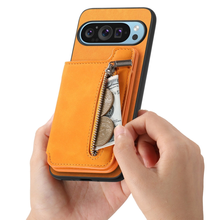 For Google Pixel 8a Retro MagSafe Zipper Wallet Card Bag Back Phone Case(Yellow)