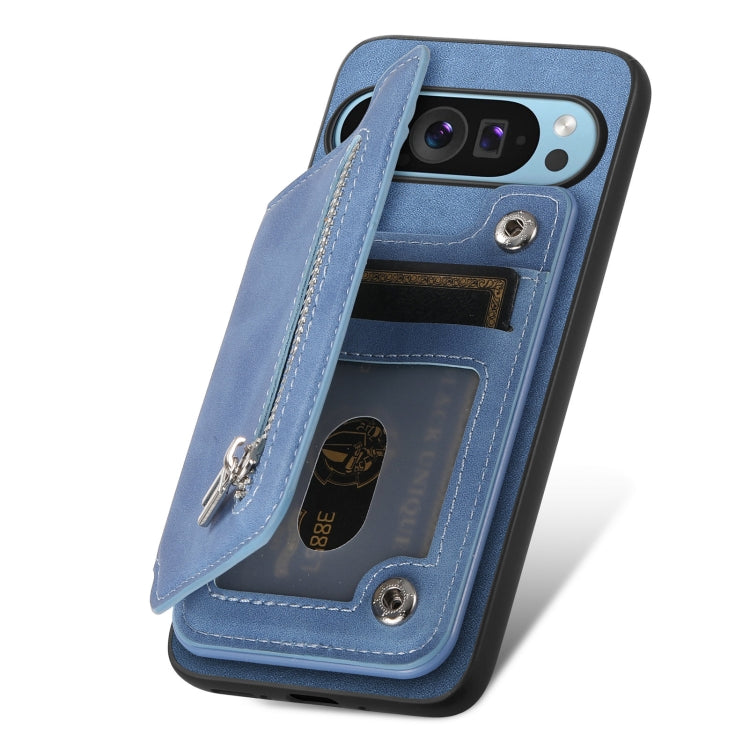 For Google Pixel 8a Retro MagSafe Zipper Wallet Card Bag Back Phone Case(Blue)