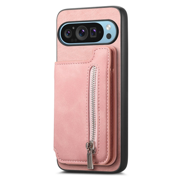 For Google Pixel 8a Retro MagSafe Zipper Wallet Card Bag Back Phone Case(Pink)