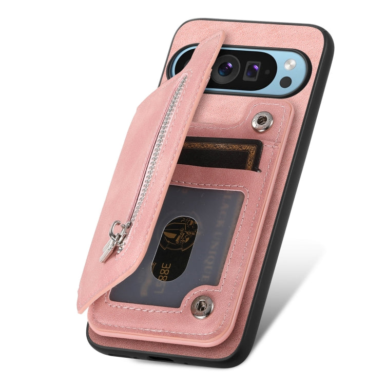 For Google Pixel 8a Retro MagSafe Zipper Wallet Card Bag Back Phone Case(Pink)