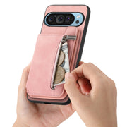 For Google Pixel 8a Retro MagSafe Zipper Wallet Card Bag Back Phone Case(Pink)