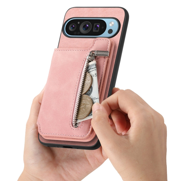 For Google Pixel 8a Retro MagSafe Zipper Wallet Card Bag Back Phone Case(Pink)