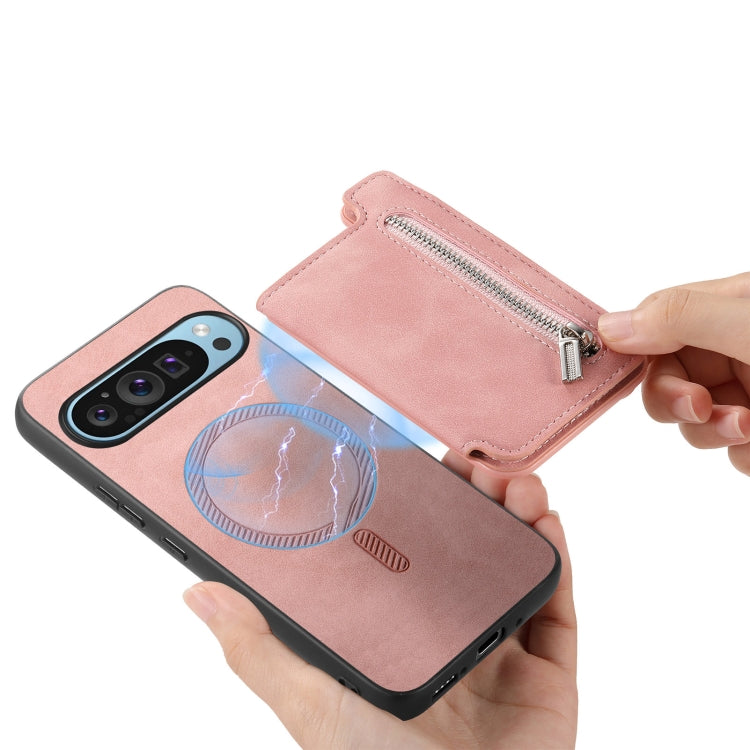 For Google Pixel 8a Retro MagSafe Zipper Wallet Card Bag Back Phone Case(Pink)