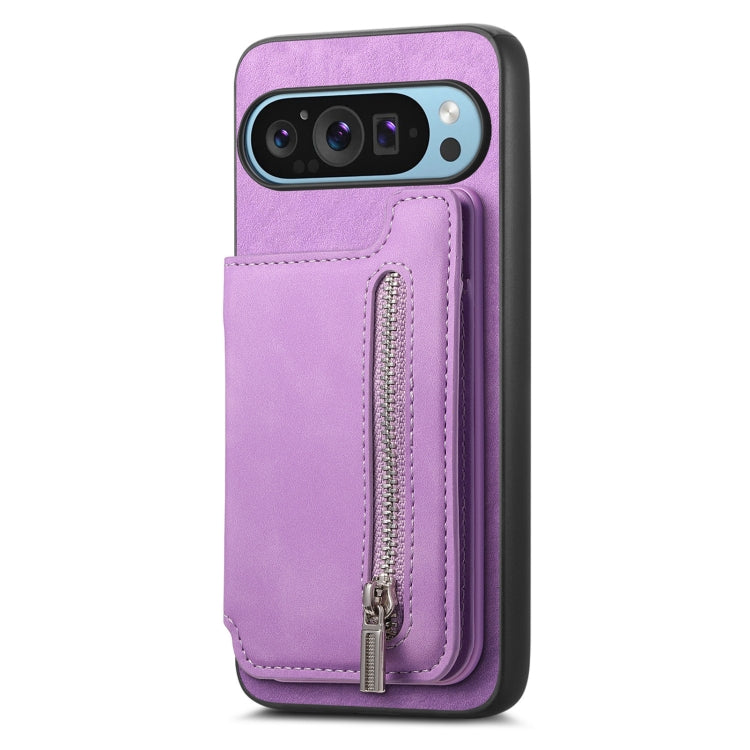 For Google Pixel 8a Retro MagSafe Zipper Wallet Card Bag Back Phone Case(Purple)