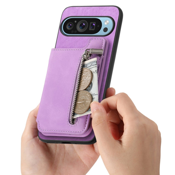 For Google Pixel 8a Retro MagSafe Zipper Wallet Card Bag Back Phone Case(Purple)