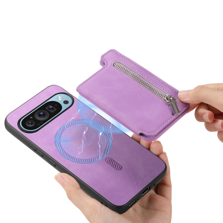 For Google Pixel 8a Retro MagSafe Zipper Wallet Card Bag Back Phone Case(Purple)