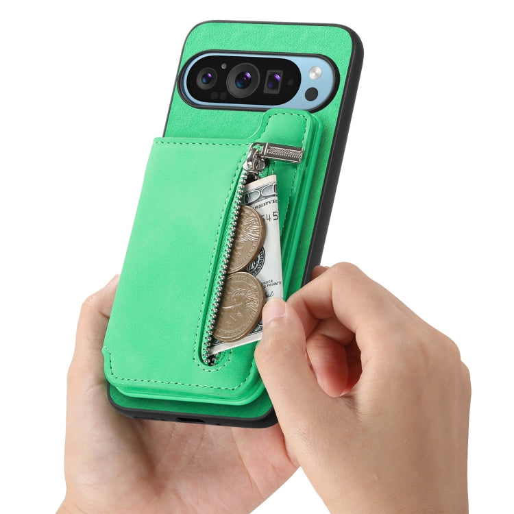 For Google Pixel 8a Retro MagSafe Zipper Wallet Card Bag Back Phone Case(Green)