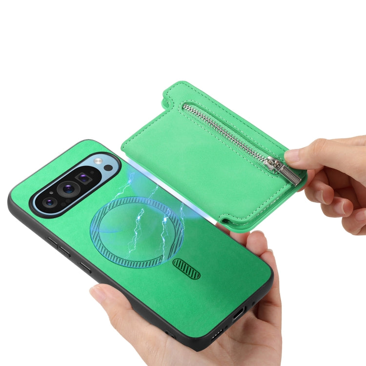For Google Pixel 8a Retro MagSafe Zipper Wallet Card Bag Back Phone Case(Green)