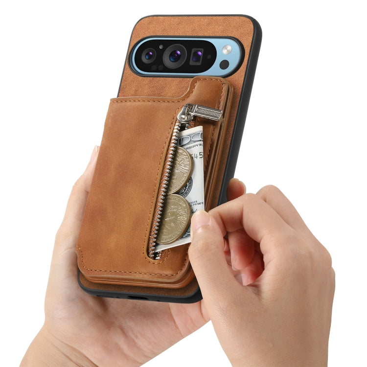For Google Pixel 8a Retro MagSafe Zipper Wallet Card Bag Back Phone Case(Brown)