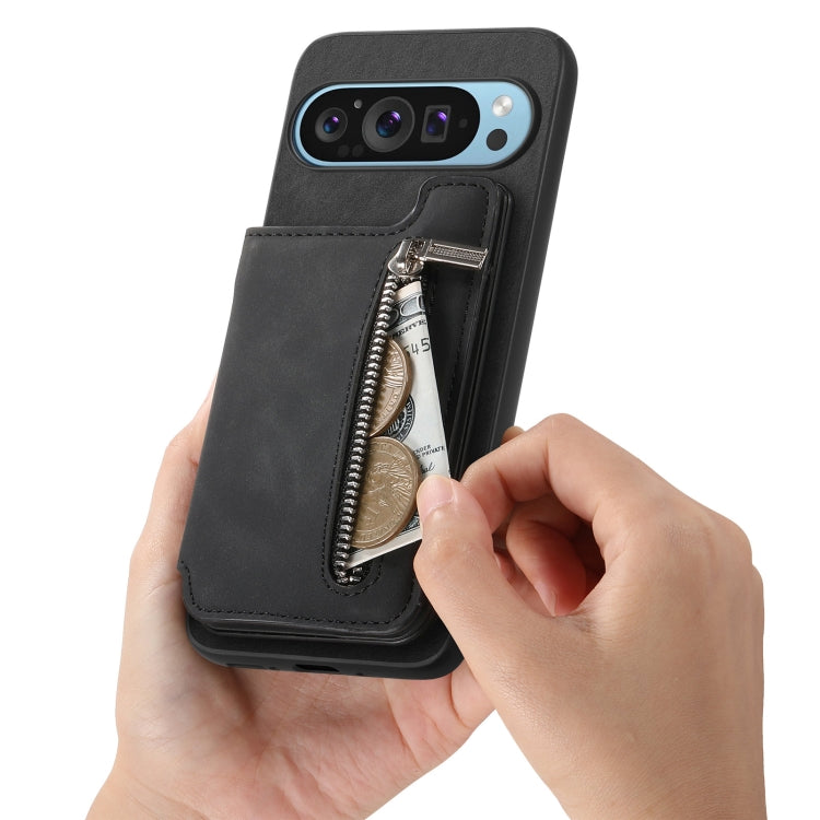 For Google Pixel 8a Retro MagSafe Zipper Wallet Card Bag Back Phone Case(Black)