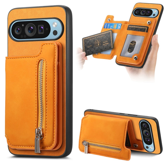 For Google Pixel 8 Pro Retro MagSafe Zipper Wallet Card Bag Back Phone Case(Yellow)